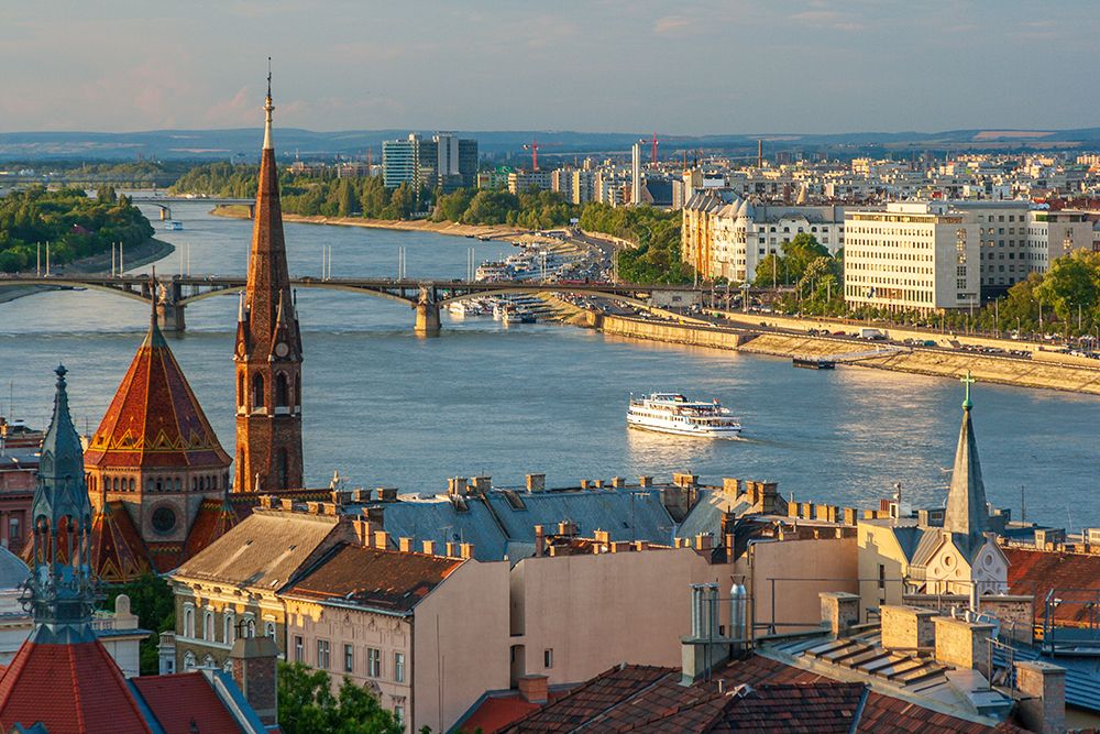View from Castle Hill of the Margaret Bridge crossing the Danube River-Buda side-Central Budapest-C